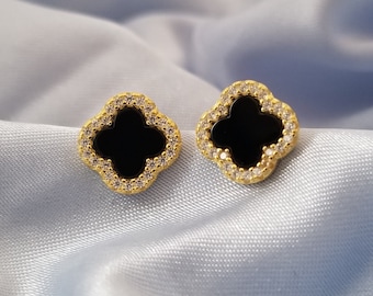 18k real gold electroplated 925 Sterling Silver CZ diamonds Clover Earnings