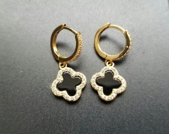 real 18k gold overlaid 925 Sterling Silver Clover Onyx Earrings