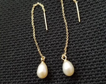 18K gold overlaid 925 Sterling Silver Genuine Pearl Chain Earrings