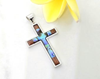 Hawaiian Koa Wood 925 Sterling Silver Cross pendant Fine Hawaii Jewelry