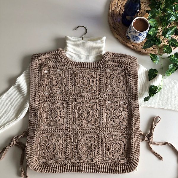 Crochet Bib Vest, Crochet Apron Sweater, Willow Square Top, Crochet Autumn Top, Fall Style,