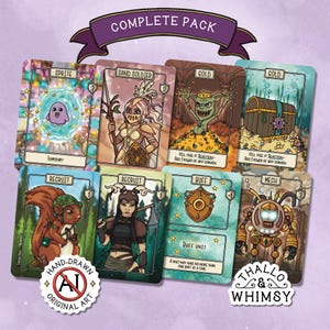 Pode incluir: Um pacote completo de cartas colecionáveis com tema de fantasia. Cada carta apresenta ilustrações únicas de personagens como um soldado de areia, um sprite e um mech. As cartas têm várias habilidades e são rotuladas com texto como "Recruit".