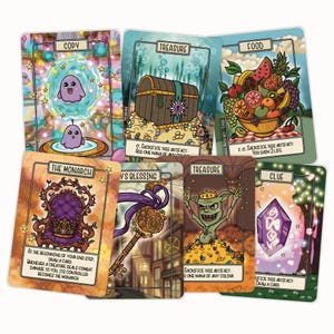 May include: A collection of fantasy-themed trading cards. The cards feature illustrations of a purple blob, a treasure chest, a bowl of fruit, a throne, a key, a goblin, and a crystal. Each card has text describing its function.