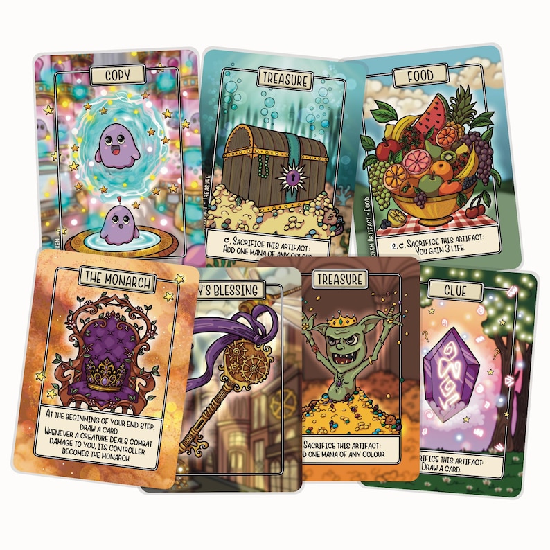 May include: A collection of fantasy-themed trading cards. The cards feature illustrations of a purple blob, a treasure chest, a bowl of fruit, a throne, a key, a goblin, and a crystal. Each card has text describing its function.