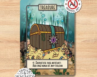 Treasure MTG Tokens x5 – Hand-Illustrated Custom Commander Tokens - Underwater Chest