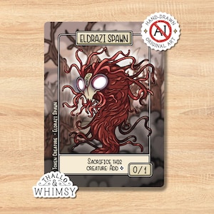 Peut inclure: Une carte de jeu de fantaisie avec une illustration de créature Eldrazi Spawn. La carte présente un dessin de créature rouge et marron avec le texte "ELDRAZI SPAWN" en haut. La carte comprend également le texte "SACRIFICE THIS CREATURE: ADD 0/1".