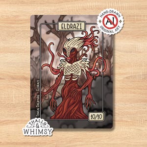 May include: A fantasy art card depicting an Eldrazi creature in red and brown tones. The card is labelled "ELDRAZI" at the top and "TOKEN CREATURE - ELDRAZI" on the side. The card also features the text "10/10" at the bottom.