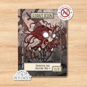May include: A fantasy art card featuring an Eldrazi Scion creature with a red and white color scheme. The card includes the text "ELDRAZI SCION", "SACRIFICE THIS CREATURE: ADD", and "1/1". The card is hand-drawn original art.
