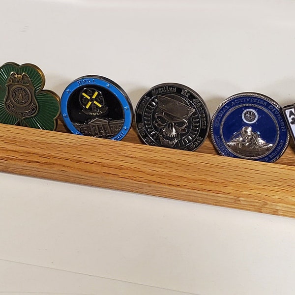 Single line 12" Solid Oak Challenge coin display holds 6-8 coins depending on size (Coins shown not included. Model 3