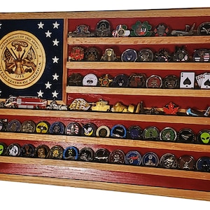 US Army Crest Hardwood Oak Challenge Coin Display Flag 36x24 holds 60-80 coins