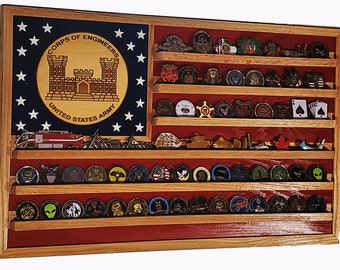 US Army Corps of Engineers Hardwood Oak Challenge Coin Display Flag 36x24 holds 60-80 coins