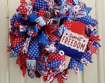 Sweet Freedom sign,4th of July Wreath,Independence decoration,Patriotic design,deco mesh red white blue wreath,Summer time door decor,gift