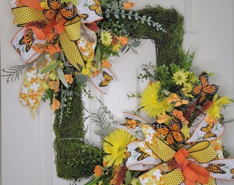 Butterfly Wreath, Orange and Yellow Monarch Butterfly & Flower Everyday Wreath, Front Door Wreath, Summer Porch Decor, Gift for Mom or Her