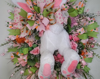Butt-krans konijn, paas- en lentedecor voor huis of voordeur, roze, wit en groen konijnontwerp, lentecadeau, verandadecoratie paasfeest