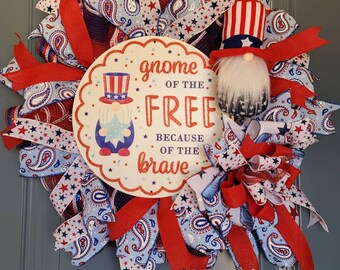 Gnome Patriotic Wreath, 4th of July Gnome décor, Gnome of the Free Sign, Front Door and Porch hanger, Red White Blue Gnome, Deco Mesh Wreath