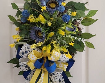 Blue Sunflower Wreath with Yellow Wildflowers & Bow | Spring, Summer, Fall, Everyday Décor for Front Door, Porch, Patio | Any Occasion Gift