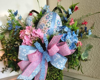 Easter & Spring arrangement, blue and pink eggs and flowers, moss bunny ear basket, Spring home decor, Easter table centerpiece, Easter gift