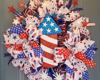4th of July Wreath, Firecracker Wreath, Patriotic Wreath for Porch, Red White Blue Wreath for Front Door, Military Gift, USA Holiday Decor