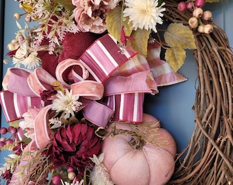 Fall velvet Pumpkin Wreath, Burgundy and Rose velvet Pumpkin wreath for Front Door, Autumn décor, Boho style wreath, Wine wreath, Fall gift