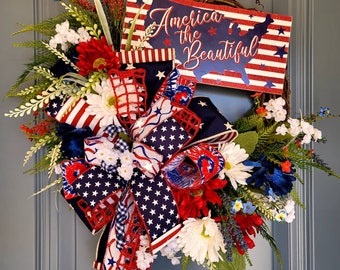 America the Beautiful, 4th of July Wreath, Patriotic Décor, Red White and Blue Front Door, Independence Wreath, All Season Porch and Patio,