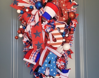 4th of July Wreath, Independence Wreath, Patriotic Wreath for Porch, Red White Blue Wreath for Front Door, Military Gift, USA Holiday Decor