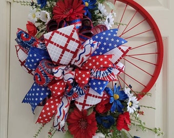 Bicycle Wheel Wreath, 4th of July Bike Wreath, Red White and Blue for Front Door, Red Bike Door Hanger, Patriotic bike décor, Independence