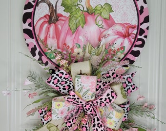 Breast Cancer Awareness Pink Pumpkin Door Hanger, Pink Leopard Design, Fall Pumpkin Wreath for Front Door, Breast Cancer Survivor Gift, HOPE
