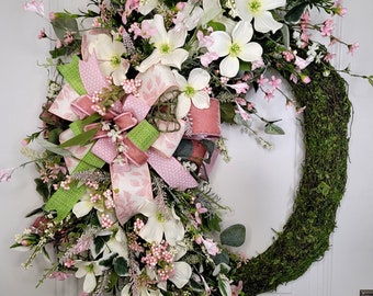 Spring Flower Wreath with White Dogwood and Pink Florals on a Moss Base, Everyday Wreath, Spring and Summer Decor for Front Door, Great Gift