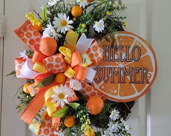 Summer Orange Wreath, Oranges Door Décor, Summer Decoration Porch or Door Hanger, Orange Yellow and Green Wreath, Gift for Orange Lover