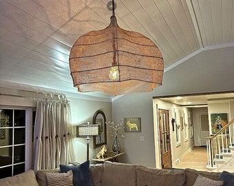 Large Wicker Shade, Modern Pendant Light, Rattan Basket Chandelier