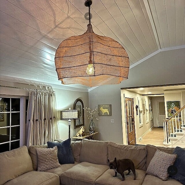 Large Wicker Shade, Modern Pendant Light, Rattan Basket Chandelier