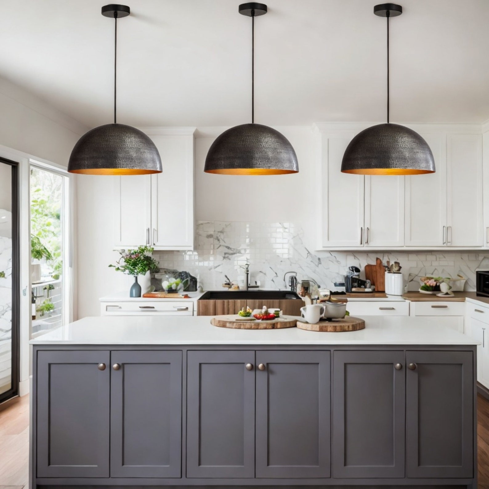 Hammered Brass Dome Pendant Light for Kitchen Island, Dome Kitchen Island Lighting, Modern