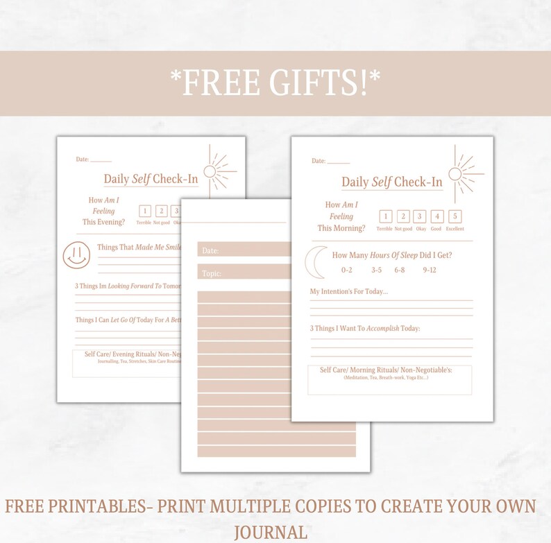 May include: Two printable pages with a daily self check-in journal. The pages are beige with a sun and moon graphic. The journal prompts include: How am I feeling this evening? Things that made me smile. 3 things I'm looking forward to tomorrow. Things I can let go of today for a better tomorrow. Self-care evening rituals. How am I feeling this morning? How many hours of sleep did I get? My intentions for today. 3 things I want to accomplish today. Self-care morning rituals.