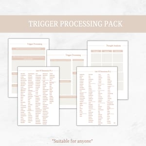 May include: A printable trigger processing pack with three pages. The first page has a section for physical response and environment, the second page has a section for trigger processing, and the third page has a section for thought analysis. The pack also includes two lists of emotions, one for each page.
