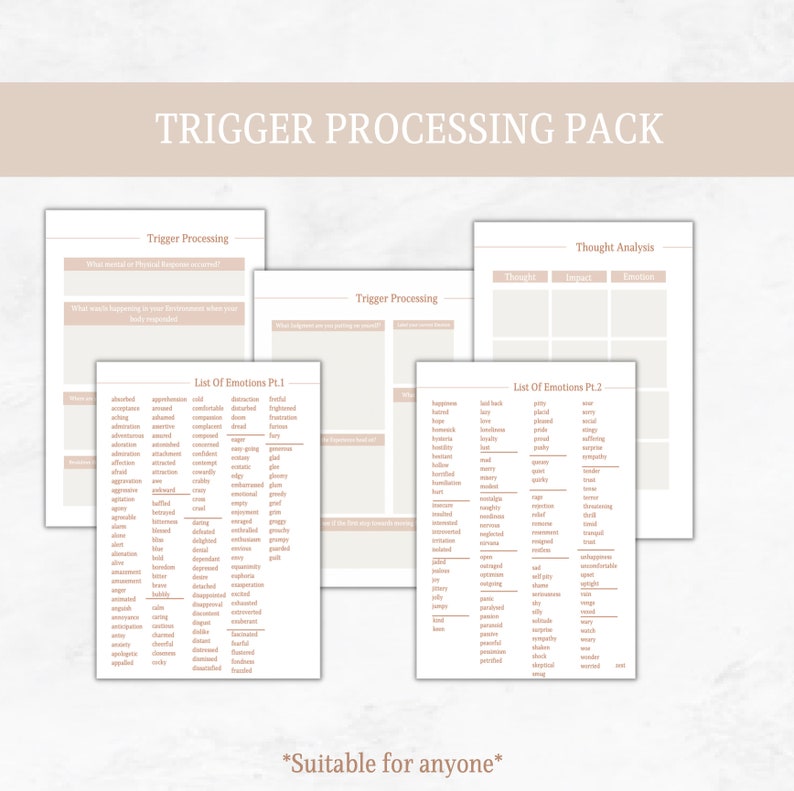 May include: A printable trigger processing pack with three pages. The first page has a section for physical response and environment, the second page has a section for trigger processing, and the third page has a section for thought analysis. The pack also includes two lists of emotions, one for each page.