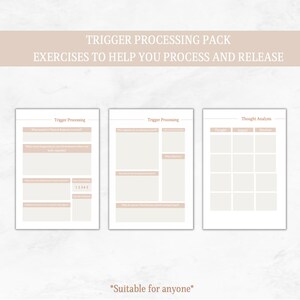 May include: A printable worksheet pack with three pages for processing triggers and thoughts. The pages are titled "Trigger Processing", "Trigger Processing", and "Thought Analysis".