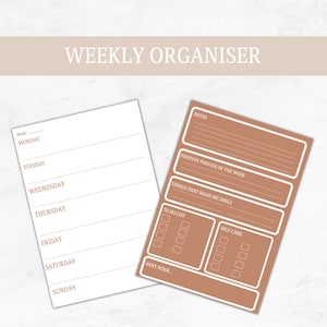 May include: A printable weekly organizer with a brown background. The organizer includes sections for notes, positive thoughts of the week, things that made you smile, a to-do list, and self-care. The organizer also includes a section for next week.