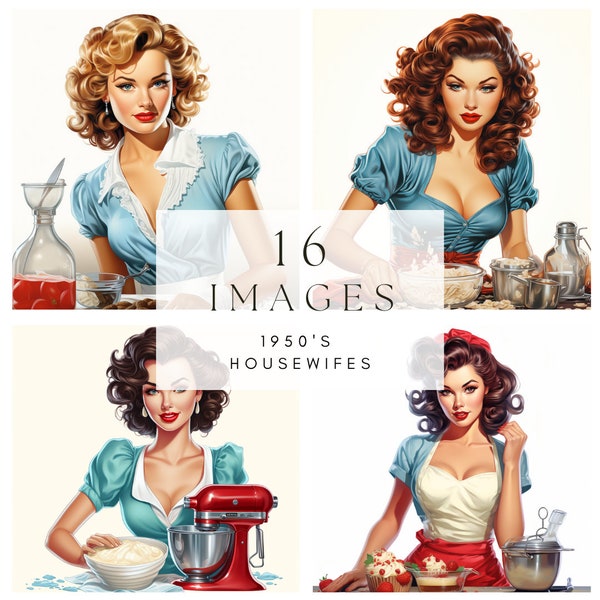 1950s Kitchen Queens: 16 Housewife Cooking Clipart - PNG Files