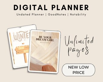 May include: Two digital planner covers, one with a winter theme and the other with a beige and brown abstract design. The text on the covers reads "Winter" and "Be Your Dream Girl Planner". The text "Unlimited pages" and "New Low Price" is also visible.