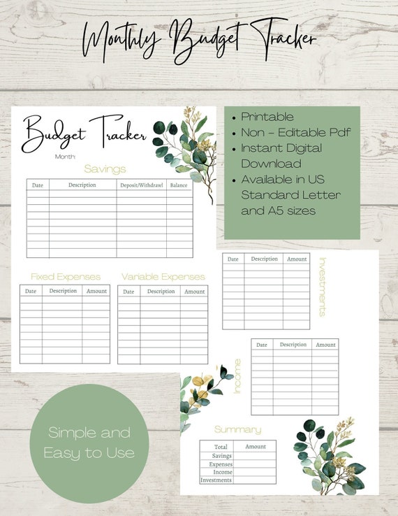 Printable Monthly Budget Tracker Instant Download | Etsy