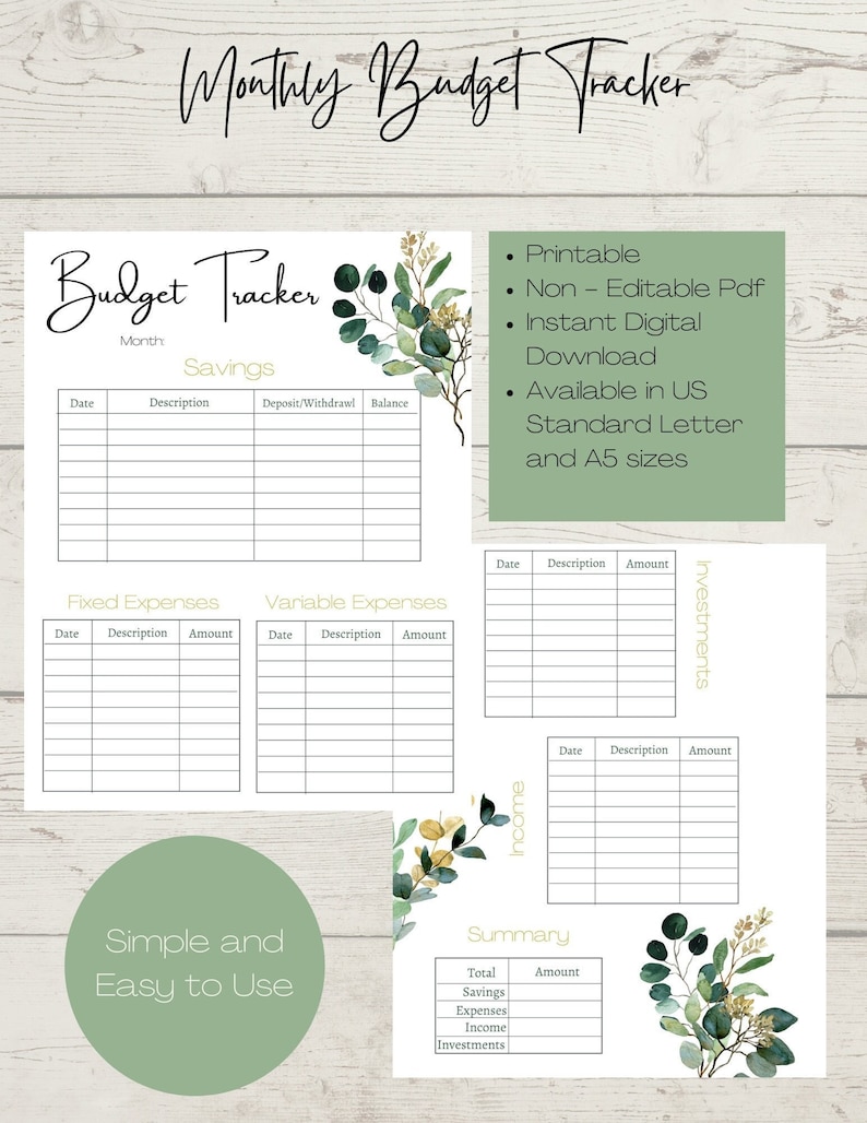 Printable Monthly Budget Tracker Instant Download | Etsy