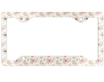 ピンクの花柄ボヘミアン風ナンバープレートフレーム、女性向けカーアクセサリー、ナンバープレートホルダー