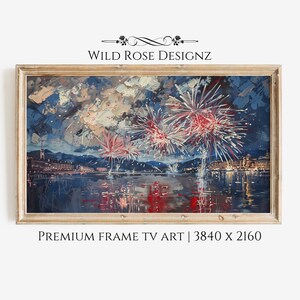 Fireworks Art for TV, Frame TV Art 4th of July, Red White Blue Patriotic Art, Independence Day Art, Fireworks Painting TV Wall Art | TV0180