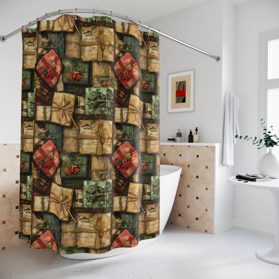 Christmas Shower Curtain Set, Xmas Shower Curtain, Green Shower Curtain ...