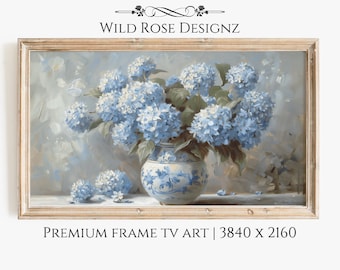 Blue Hydrangea Flower Frame TV Art, Chinoiserie Wall Art, Spring Samsung Frame TV Art, Neutral Floral TV Artwork Cottage Decor | TV0005