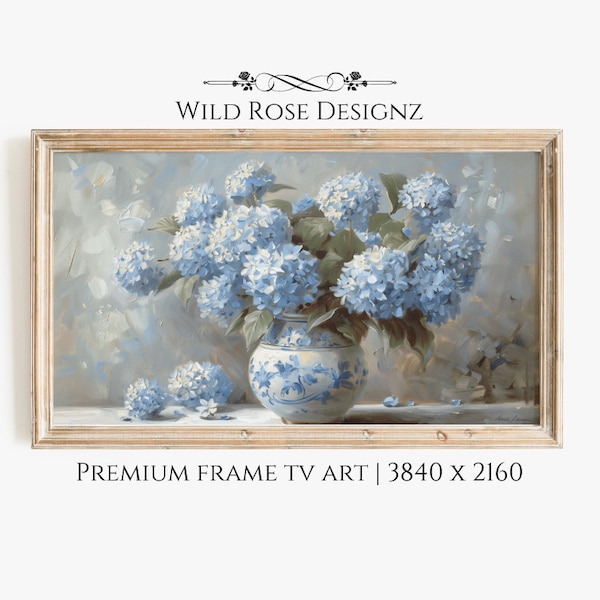 Blue Hydrangea Flower Frame TV Art, Chinoiserie Wall Art, Spring Samsung Frame TV Art, Neutral Floral TV Artwork Cottage Decor | TV0005