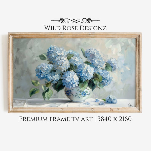 Frame TV Art Chinoiserie, Blue Hydrangea TV Art, Frame TV Artwork Hydrangea, Blue French Cottage Digital Art, Blue Floral Tv Art | TV0114