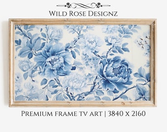 Blue Peonies Flower Chinoiserie Frame TV Art, Chinoiserie Wall Art, Spring Frame TV Art, Floral Moody TV Artwork Cottage Decor | TV0044