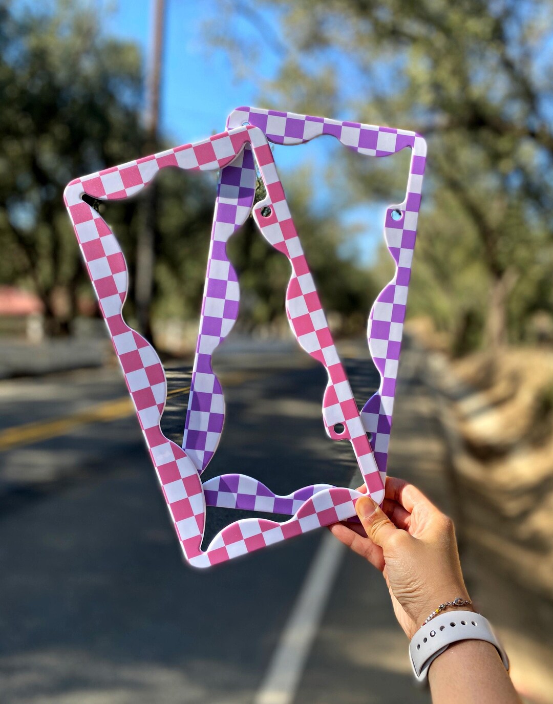 Checkered License Plate Frames, Cute and Girly in Pink or Purple