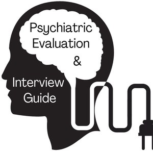 Op de afbeelding: Zwart-witte illustratie van een hoofd met een brein erin. Het brein heeft de tekst "Psychiatric Evaluation & Interview Guide". Een zwarte elektrische kabel is aangesloten op het brein.